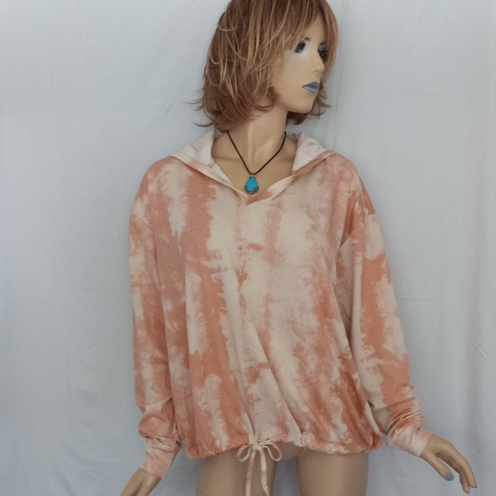 Nwt FRED DAVID Stretchy Coral/Pink Drawstring Hem Hooded Sweatshirt Top Sz 2X - Picture 1 of 7